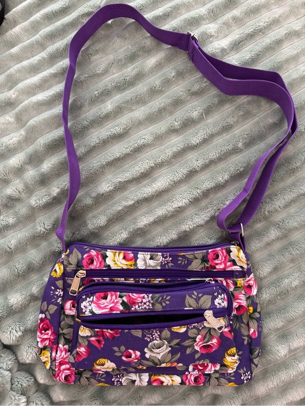 Purple Floral Crossbody Bag with Adjustable Strap